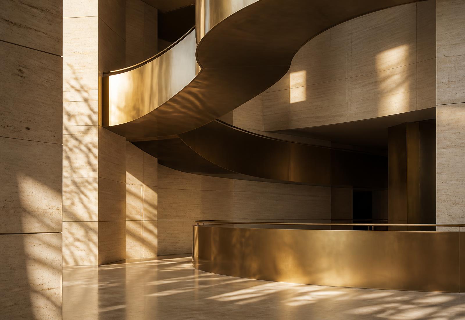 Warm sunlit corporate atrium with brass architectural detail